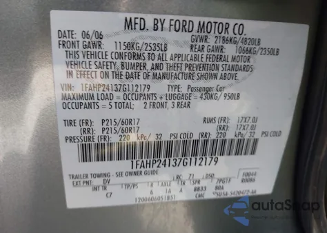 2007 Ford Five Hundred Sel из США, поврежденный, VIN 1FAHP24137G112179